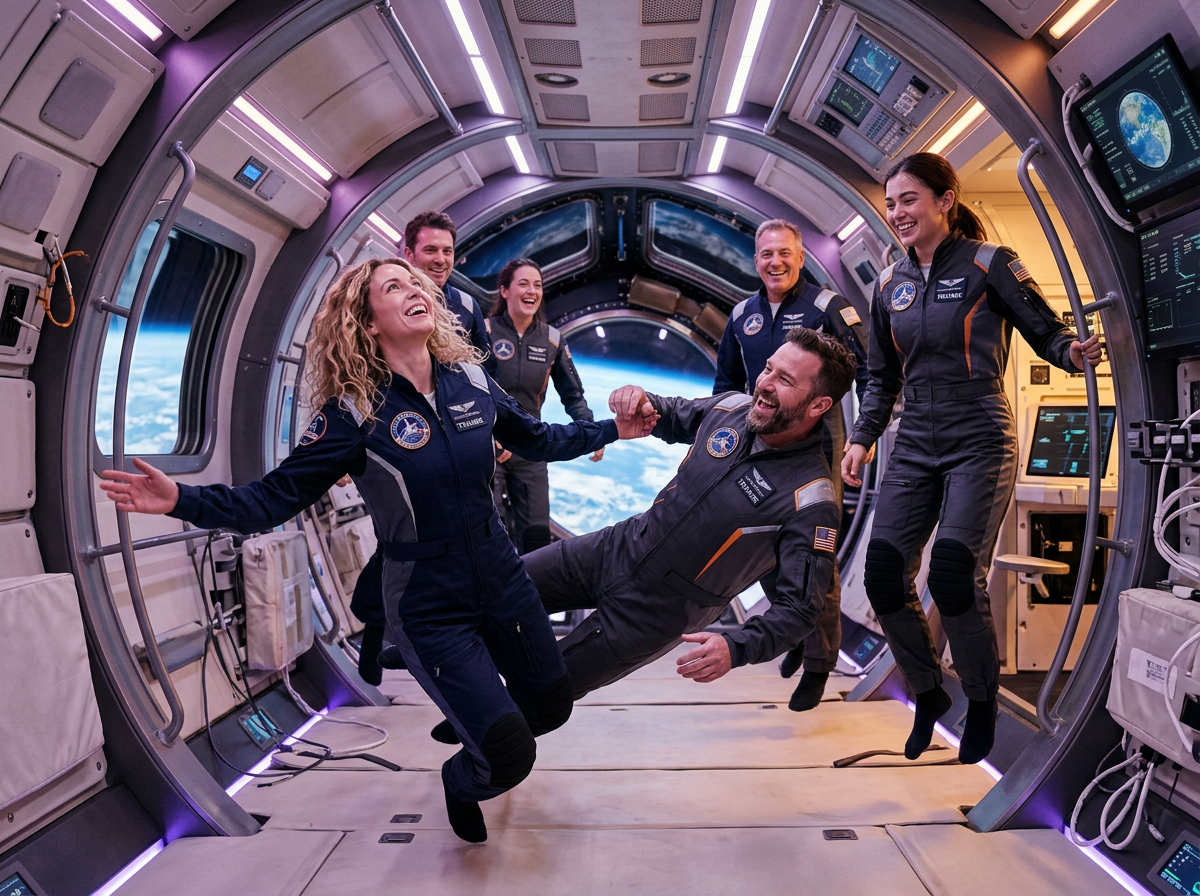 Civilian trainees during zero-gravity flight preparation